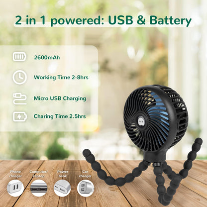 Mini Baby Stroller Fan, Handheld Personal Portable Clip on Fan with Flexible Tripod for Stroller Bike Desk Treadmill Crib Car Seat Outdoor Camping, USB or Battery Powered (Black)