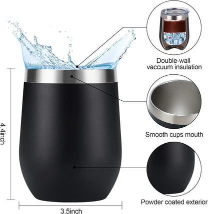 8 Pack 12Oz Stainless Steel Wine Tumblers, Insulated Wine Tumbler, Double Wall Insulated Wine Glass, Stainless Steel Stemless Wine Cups with Lids for Coffee, Wine, Cocktails, Champaign, Black