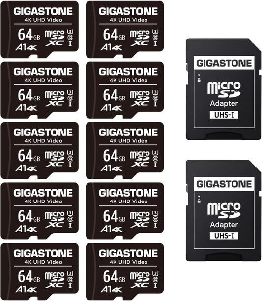 64GB Micro SD Card 10-Pack, A1 V30 4K Video Recording, Surveillance Security Cam Action Camera Drone Professional, 90Mb/S Micro SDXC UHS-I Class 10