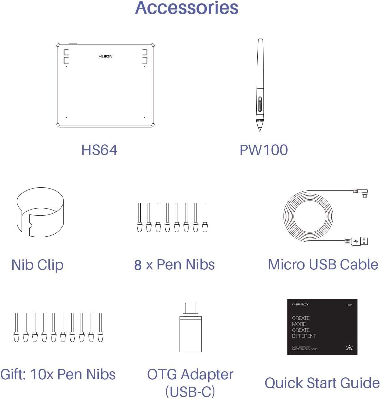 HS64 Graphics Drawing Tablet Android Support Pen Tablet, 6X4 Inch Digital Graphics Tablet with Battery-Free Stylus 8192 Pressure Sensitivity 4 Press Keys for Beginner, Extra 10 Pen Nibs Included