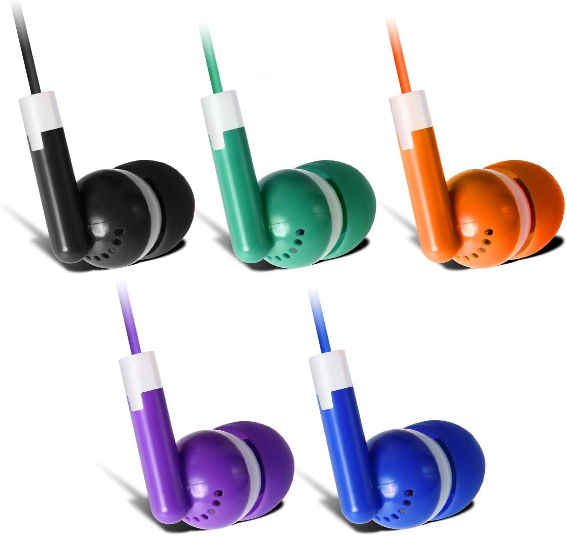 30 Pack Multi Color Earbuds for Kids, In-Ear, Wired, 5 Colors (Black, Blue, Orange, Green, Purple), Compatible with Ipads/Mac/Pc/Chromebook/Fitness & Audio Equipments