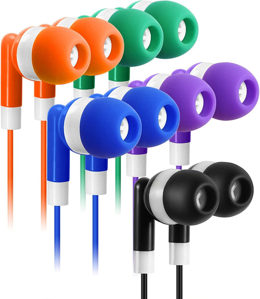30 Pack Multi Color Earbuds for Kids, In-Ear, Wired, 5 Colors (Black, Blue, Orange, Green, Purple), Compatible with Ipads/Mac/Pc/Chromebook/Fitness & Audio Equipments