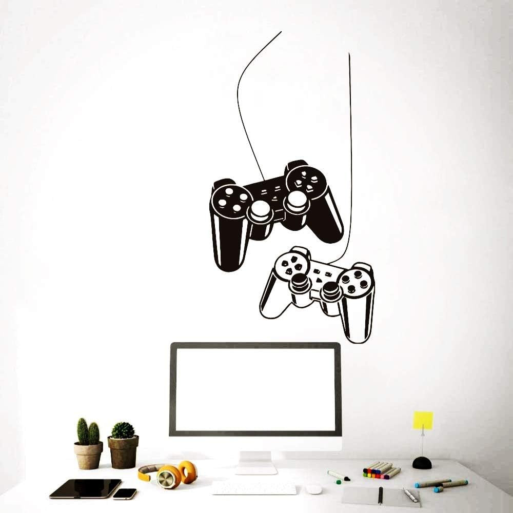 Wall Art Decal Joystick Gamer Video Controller Boy Room Gaming Room Decoration Wall Sticker Removable Kids Playroom Mural Y-209 (Black, 57X95Cm)