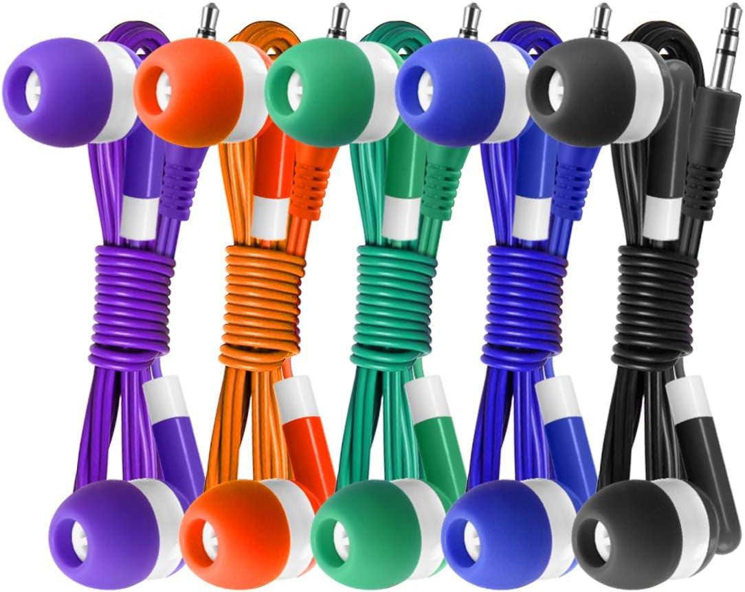 30 Pack Multi Color Earbuds for Kids, In-Ear, Wired, 5 Colors (Black, Blue, Orange, Green, Purple), Compatible with Ipads/Mac/Pc/Chromebook/Fitness & Audio Equipments