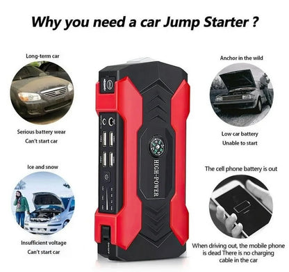 99800Mah Car Jump Starter, Peak Car Battery Charger, 12V Jump Box Jumper Battery Pack, Portable Charger, Emergency LED Light, Escape Safty Hammer, Compass