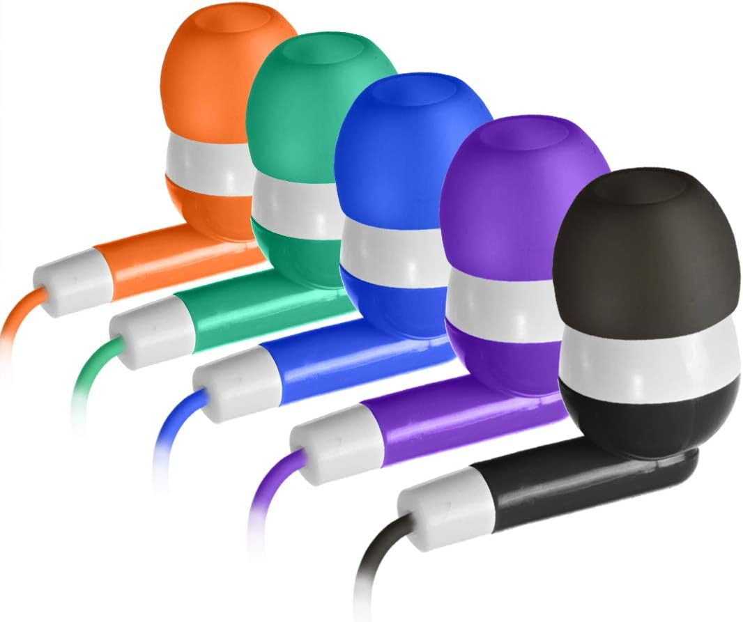 30 Pack Multi Color Earbuds for Kids, In-Ear, Wired, 5 Colors (Black, Blue, Orange, Green, Purple), Compatible with Ipads/Mac/Pc/Chromebook/Fitness & Audio Equipments
