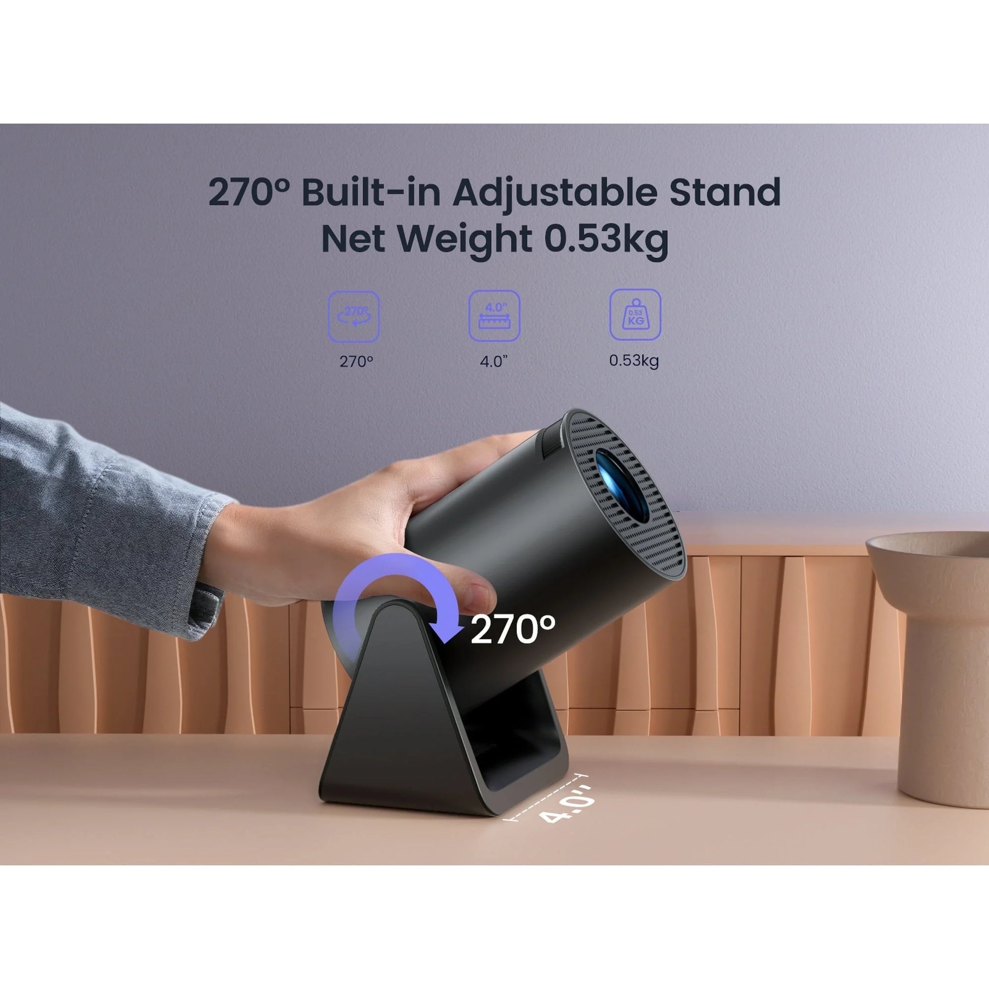 [270° Rotatable & Auto Keystone] Mini Projector with Wifi6 and Bluetooth, 1080P FHD Support 4K, 300 ANSI Outdoor Portable Projector, Built-In Apps