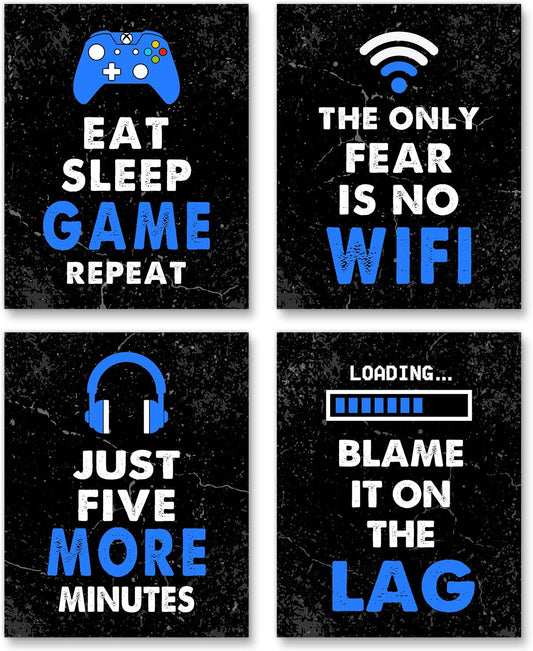 Video Game Decor Set of 4 (8”X10”), Game Room Decor, Video Game Art Gift, Video Game Print, Video Game Poster, No Frames, Blue
