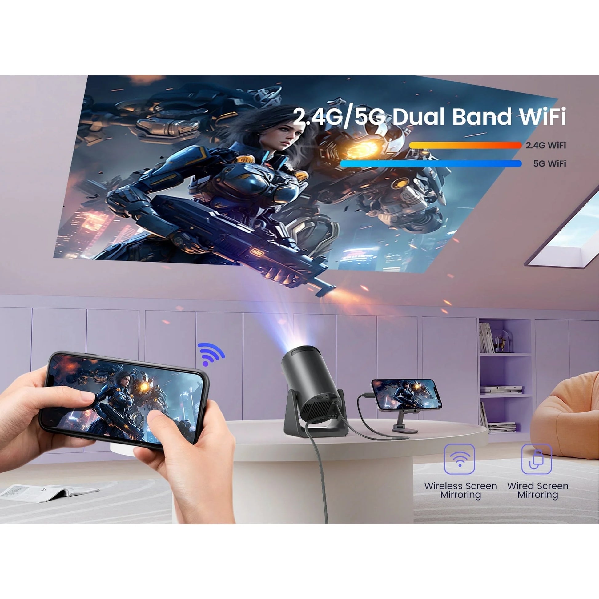 [270° Rotatable & Auto Keystone] Mini Projector with Wifi6 and Bluetooth, 1080P FHD Support 4K, 300 ANSI Outdoor Portable Projector, Built-In Apps