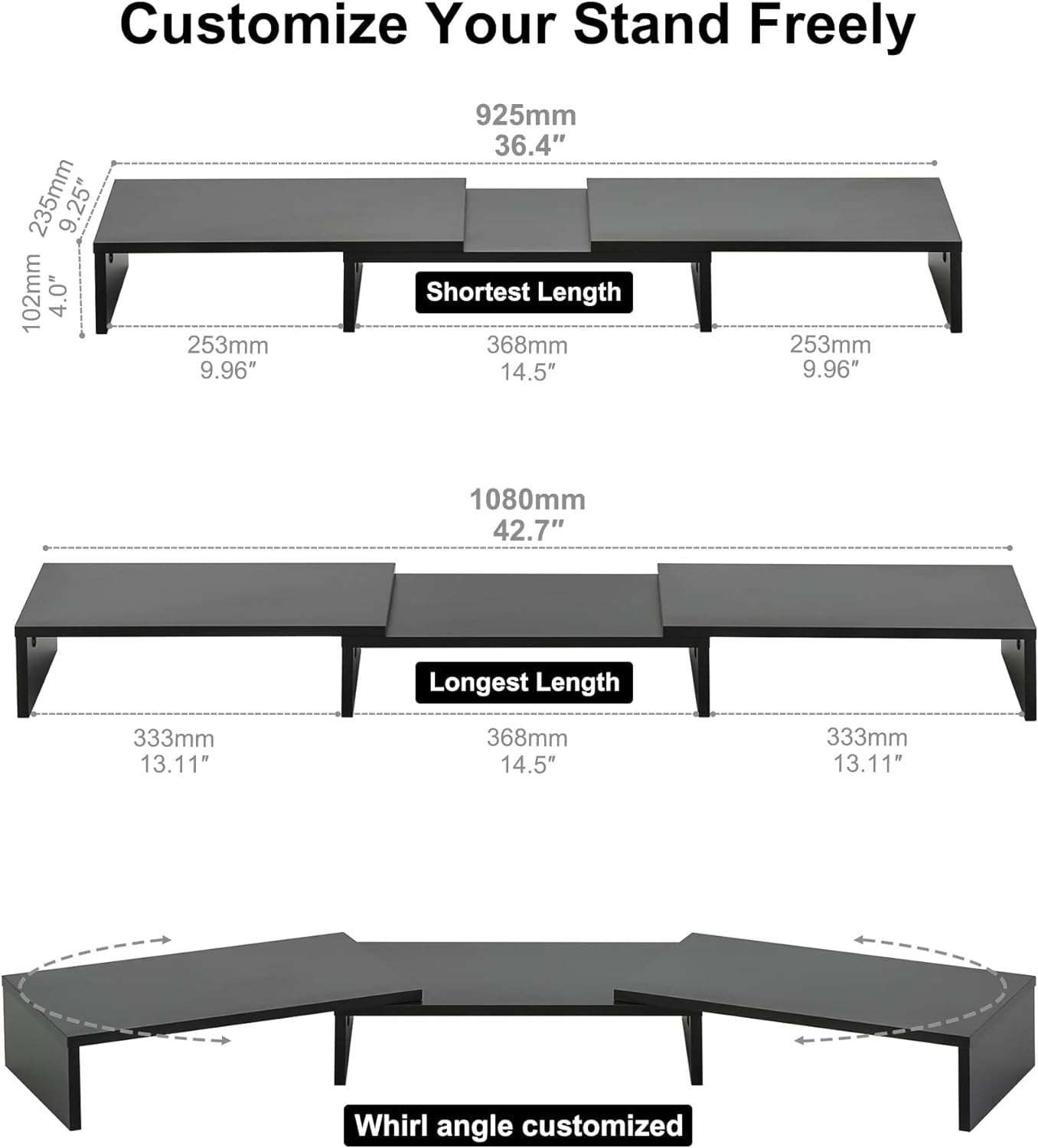 Dual Monitor Stand – 3 Shelf Computer Monitor Riser, Wood Desktop Stand with Adjustable Length and Angle, Desk Accessories, Office Supplies Medium Black,Dt108001Wb