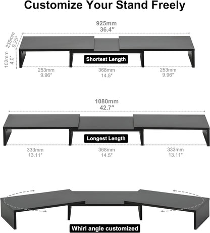 Dual Monitor Stand – 3 Shelf Computer Monitor Riser, Wood Desktop Stand with Adjustable Length and Angle, Desk Accessories, Office Supplies Medium Black,Dt108001Wb