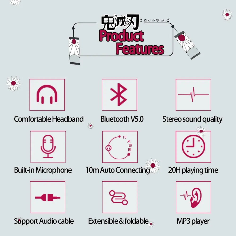 HOT Japan Anime Headphone Demon Slayer Kimetsu Kamado Tanjirou Bluetooth Headset V5.0 Cosplay 2D Fold Stereo Wireless Earphone