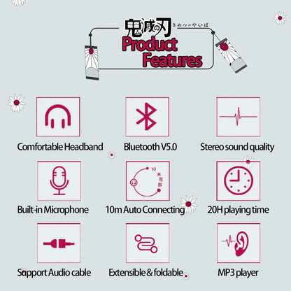 HOT Japan Anime Headphone Demon Slayer Kimetsu Kamado Tanjirou Bluetooth Headset V5.0 Cosplay 2D Fold Stereo Wireless Earphone