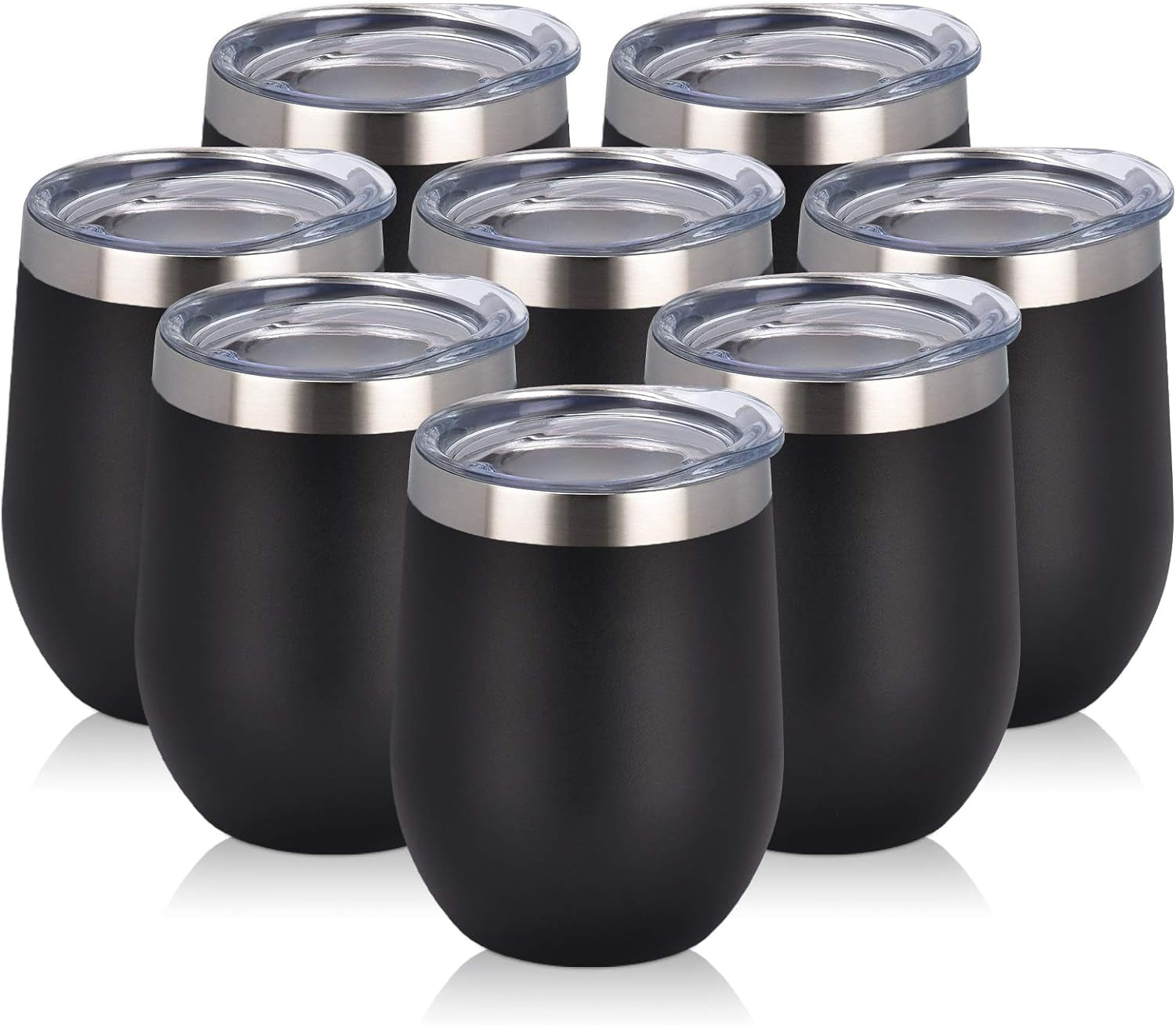 8 Pack 12Oz Stainless Steel Wine Tumblers, Insulated Wine Tumbler, Double Wall Insulated Wine Glass, Stainless Steel Stemless Wine Cups with Lids for Coffee, Wine, Cocktails, Champaign, Black