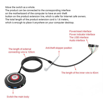 1.6M PC Power Button Switch Portable Desktop Computer Switch with Extension Cord PC On/Off Reset Push Button Power Supply
