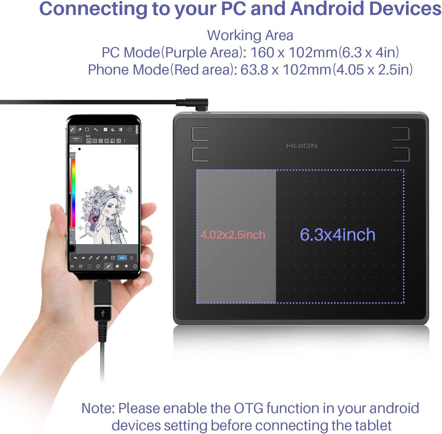 HS64 Graphics Drawing Tablet Android Support Pen Tablet, 6X4 Inch Digital Graphics Tablet with Battery-Free Stylus 8192 Pressure Sensitivity 4 Press Keys for Beginner, Extra 10 Pen Nibs Included