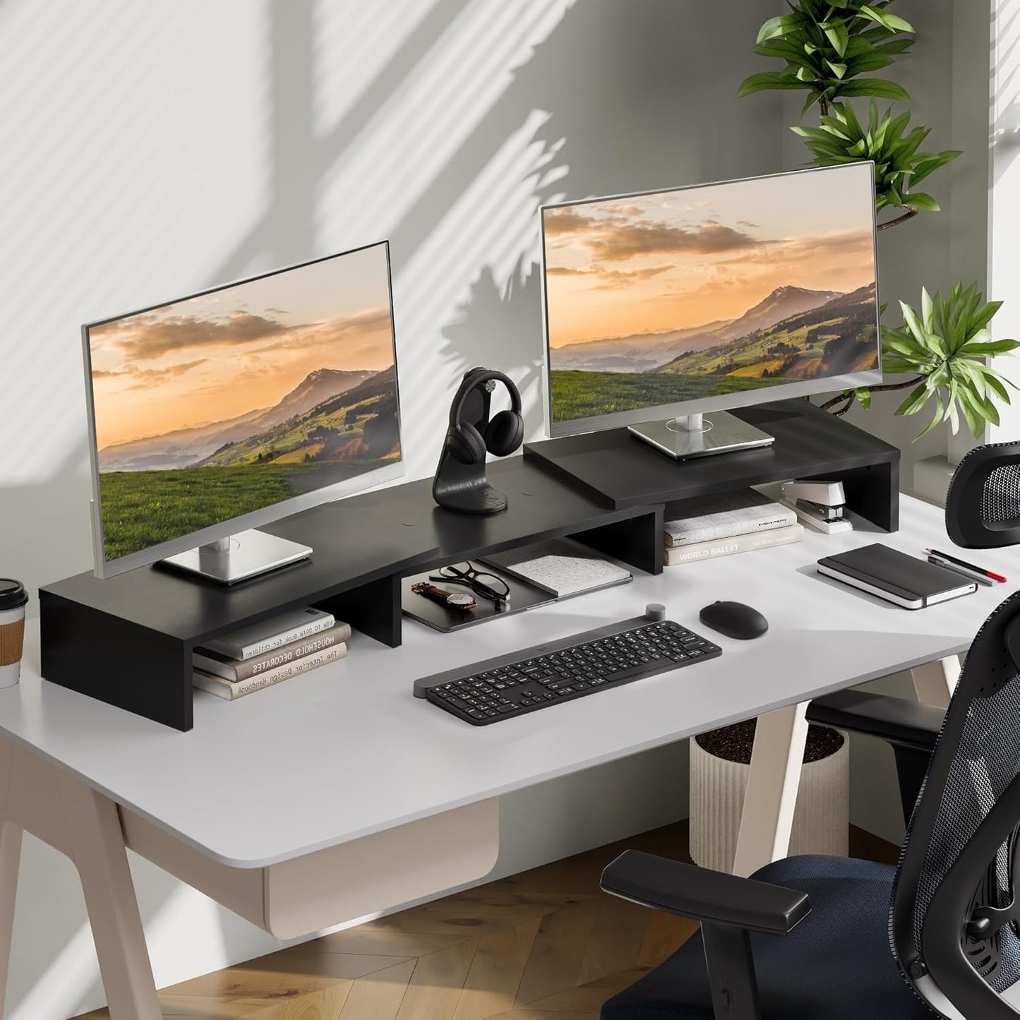 Dual Monitor Stand – 3 Shelf Computer Monitor Riser, Wood Desktop Stand with Adjustable Length and Angle, Desk Accessories, Office Supplies Medium Black,Dt108001Wb
