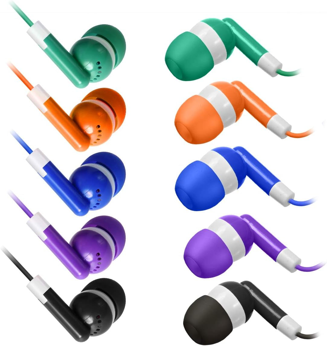 30 Pack Multi Color Earbuds for Kids, In-Ear, Wired, 5 Colors (Black, Blue, Orange, Green, Purple), Compatible with Ipads/Mac/Pc/Chromebook/Fitness & Audio Equipments